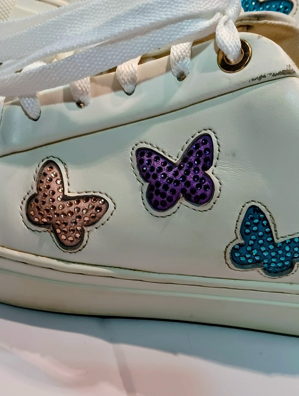 Kurt Geiger London Lane White Leather Sneakers Multicolor Rhinestone Butterflies - Picture 4 of 12